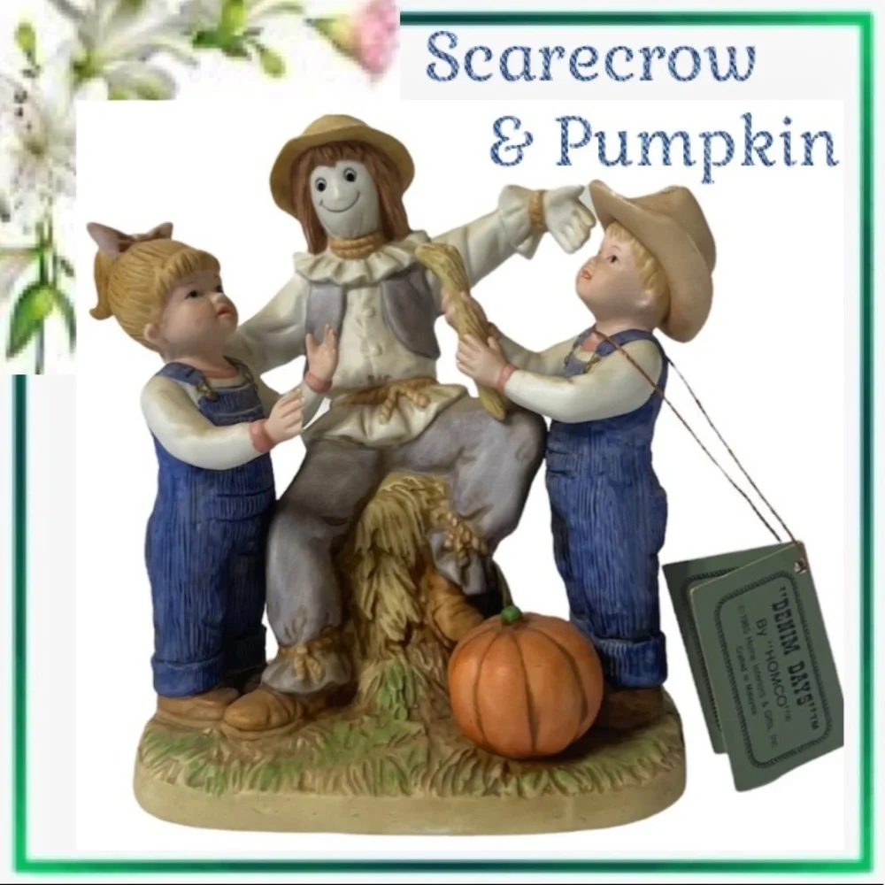 Vintage Scarecrow Autumn Halloween Thanksgiving Home Interiors Homco Denim Days